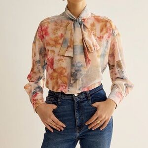 Zara Multicolor Floral Women's Sheer Bow Tie Blouse size M NWT